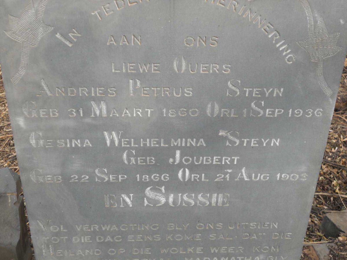 STEYN Andries Petrus 1860-1936 &amp; Gesina Welhelmina JOUBERT 1866-1903 :: STEYN Sussie