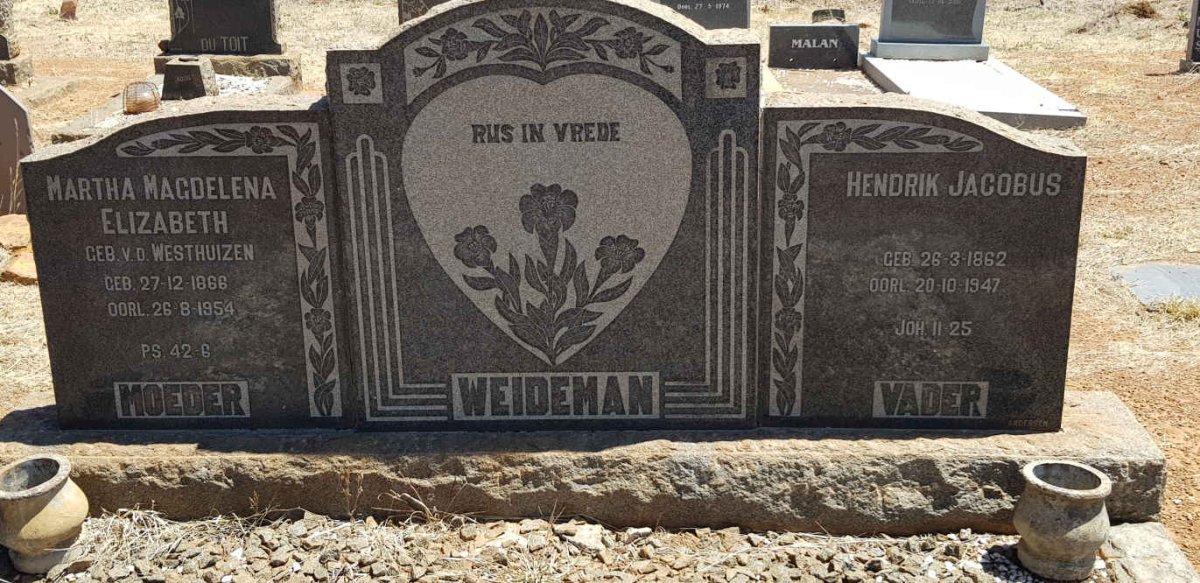 WEIDEMAN Hendrik Jacobus 1862-1947 &amp; Martha Magdelena Elizabeth V.D. WESTHUIZEN 1866-1954