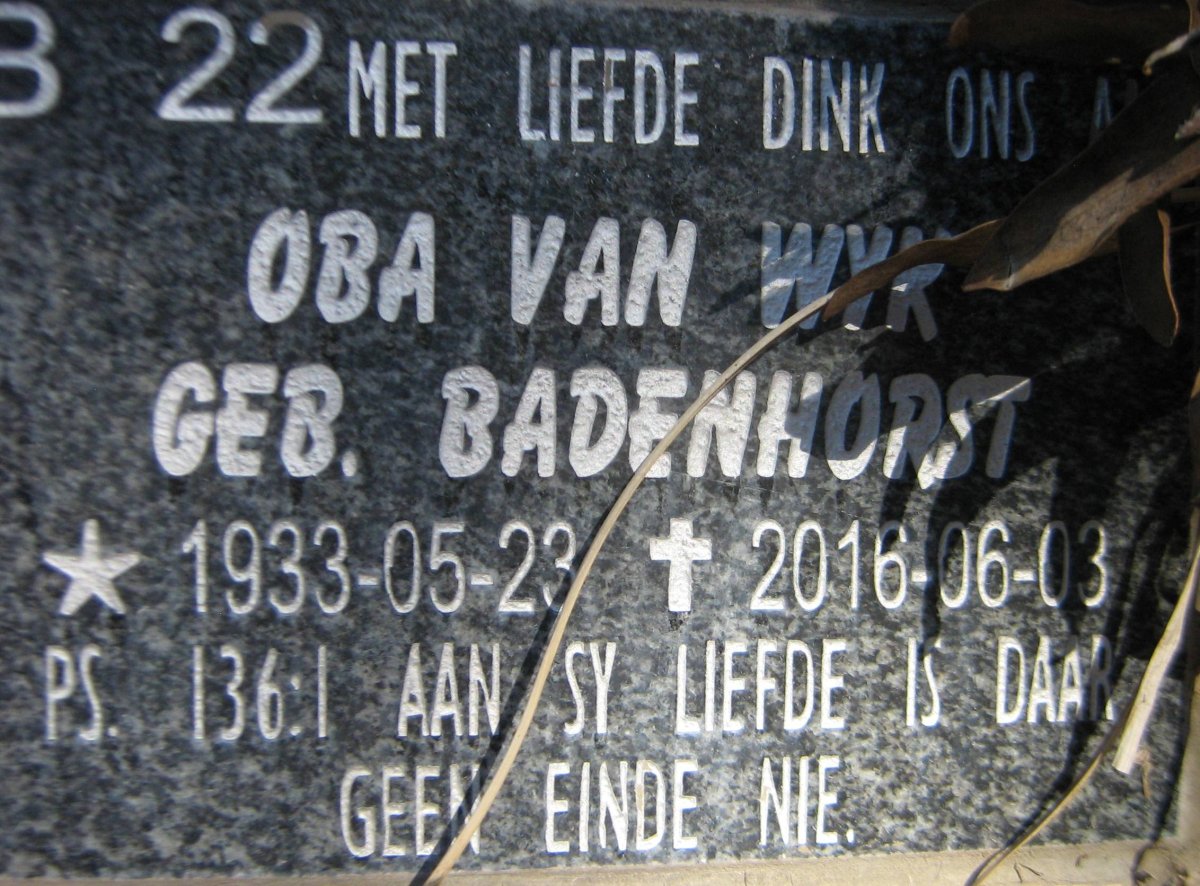 WYK Oba, van nee BADENHORST 1933-2016
