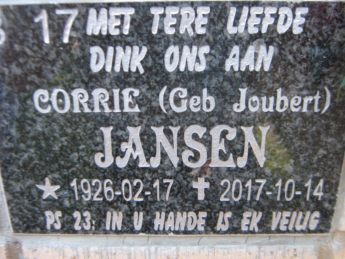 JANSEN Corrie nee JOUBERT 1926-2017