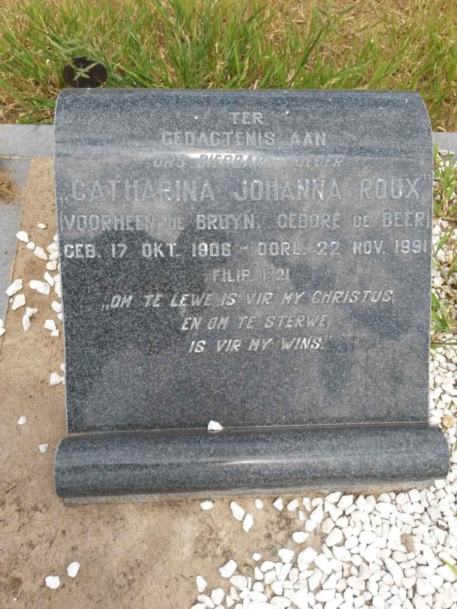 ROUX Catharina Johanna voorheen DE BRUYN nee DE BEER 1906-1991