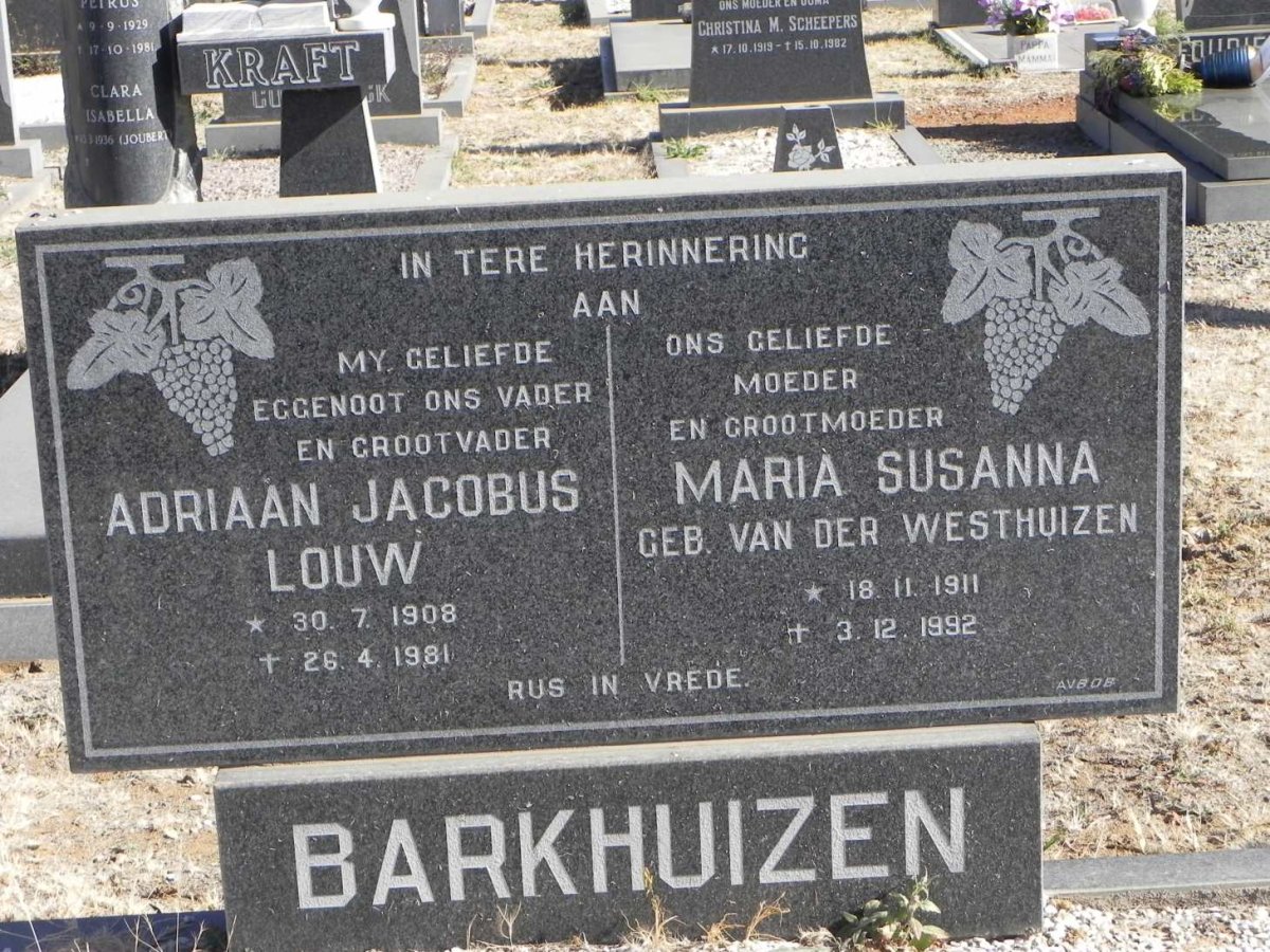 BARKHUIZEN Adriaan Jacobus Louw 1908-1981 &amp; Maria Susanna VAN DER WESTHUIZEN 1911-1992