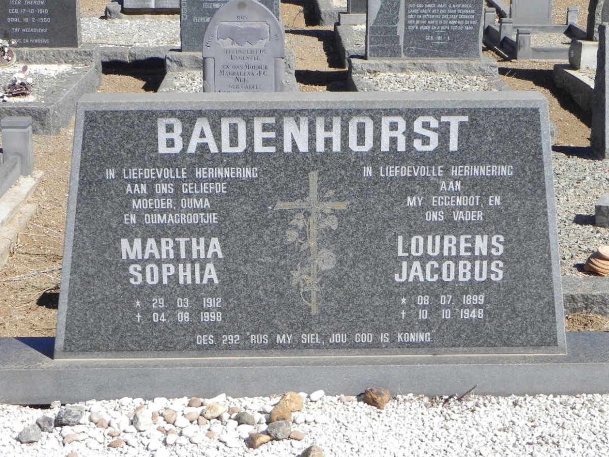 BADENHORST Lourens Jacobus 1899-1948 &amp; Martha Sophia 1912-1998