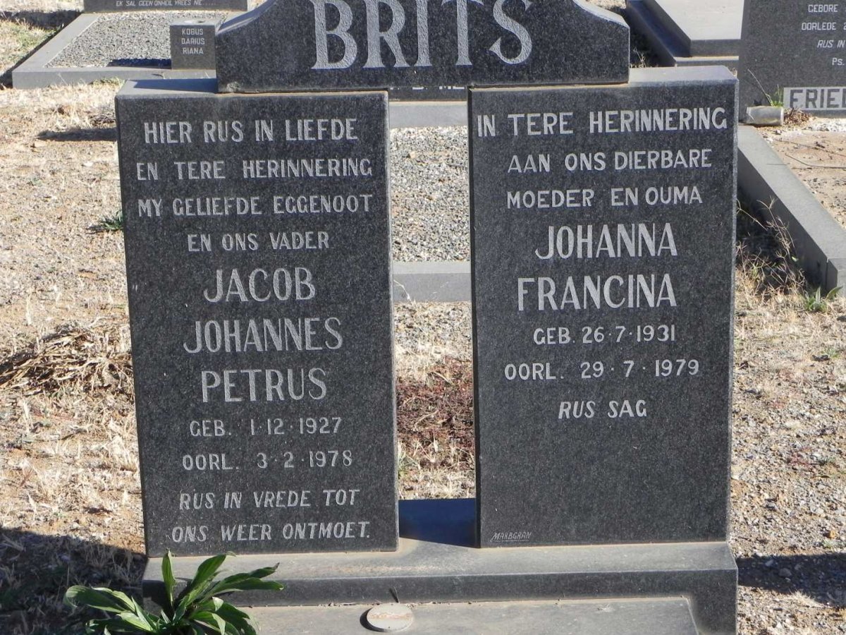 BRITS Jacob Johannes Petrus 1927-1978 &amp; Johanna Francina 1931-1979