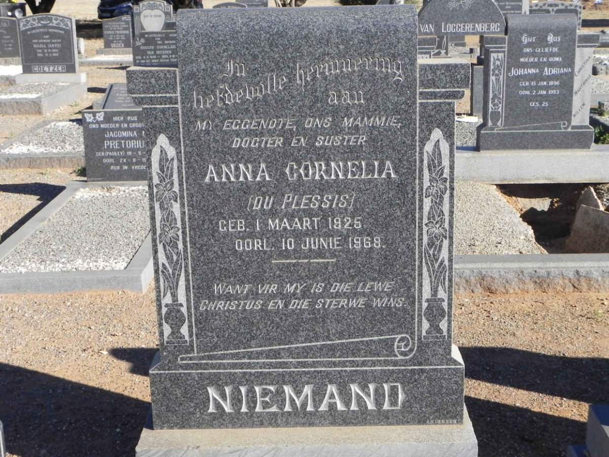 NIEMAND Anna Cornelia nee DU PLESSIS 1925-1968