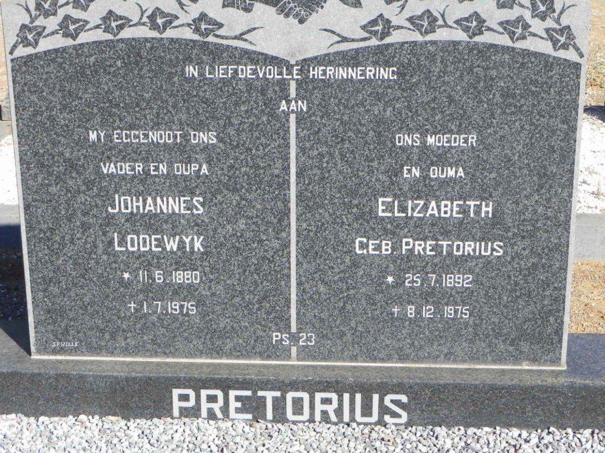 PRETORIUS Johannes Lodewyk 1880-1975 &amp; Elizabeth PRETORIUS 1892-1975