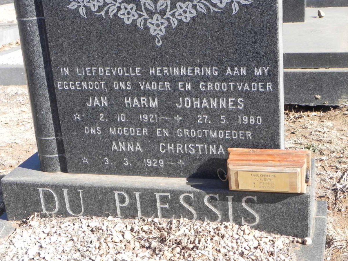 PLESSIS Jan Harm Johannes, du 1921-1980 &amp; Anna Christina 1929-