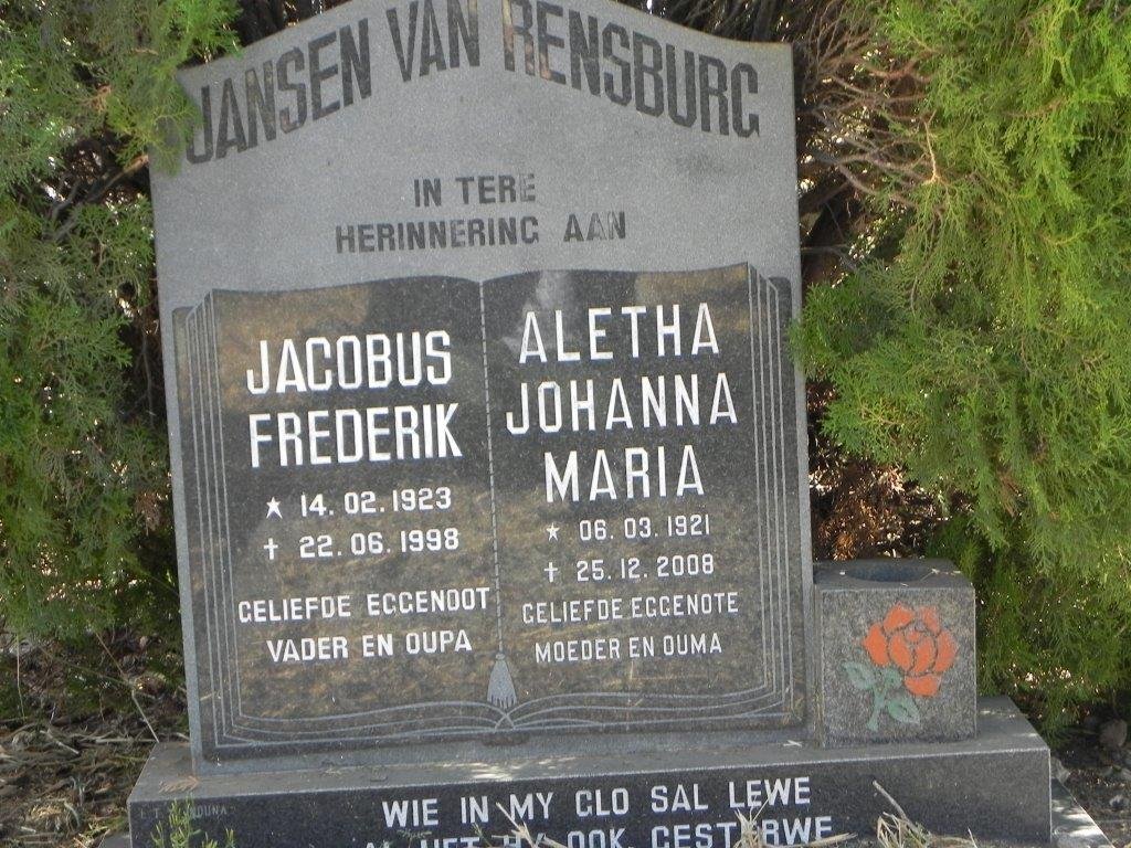 RENSBURG Jacobus Frederik, Jansen van 1923-1998 &amp; Aletha Johanna Maria 1921-2008