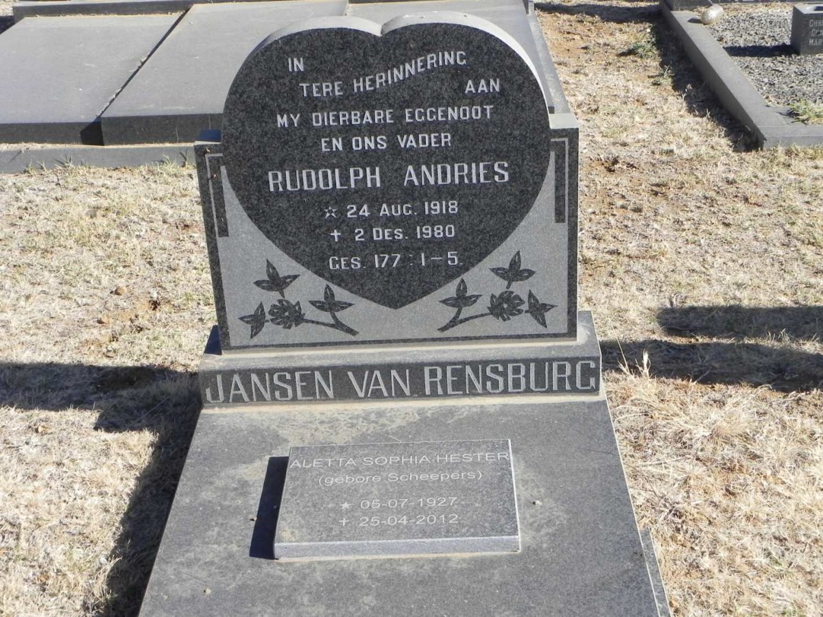 RENSBURG Rudolph Andries, Jansen van 1918-1980 &amp; Aletta Sophia Hester SCHEEPERS 1927-2012