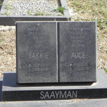 SAAYMAN Sakkie 1930-2006 &amp; Alice 1935-2002