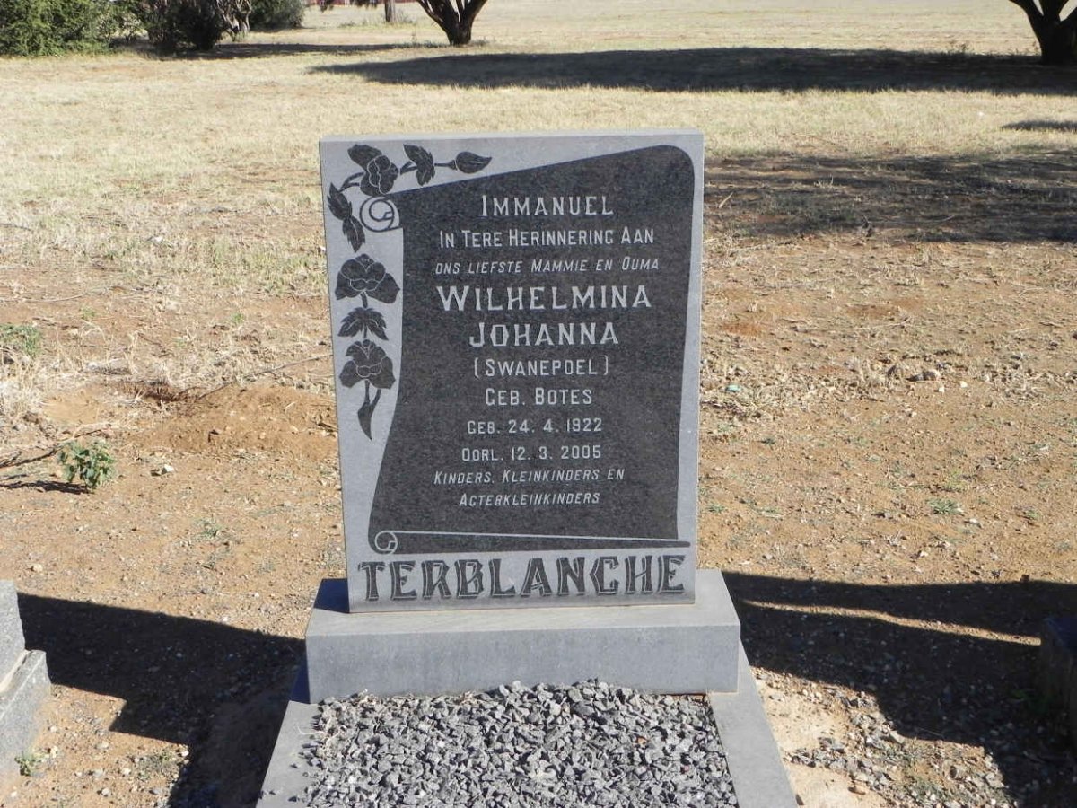 TERBLANCHE Wilhelmina Johanna formerly SWANEPOEL nee BOTES 1922-2005