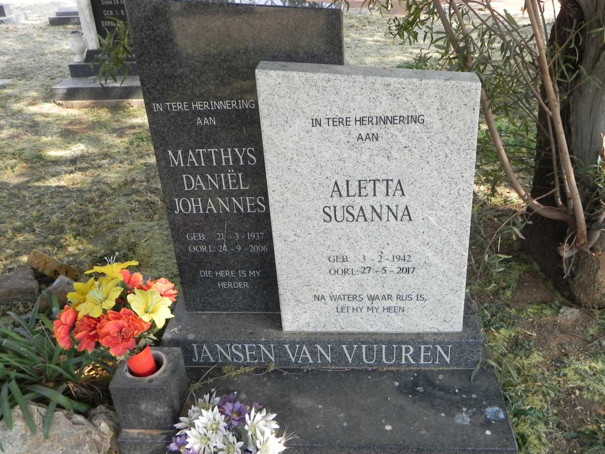 VUUREN Matthys Daniel Johannes, Jansen van 1937-2006 &amp; Aletta Susanna 1942-2017