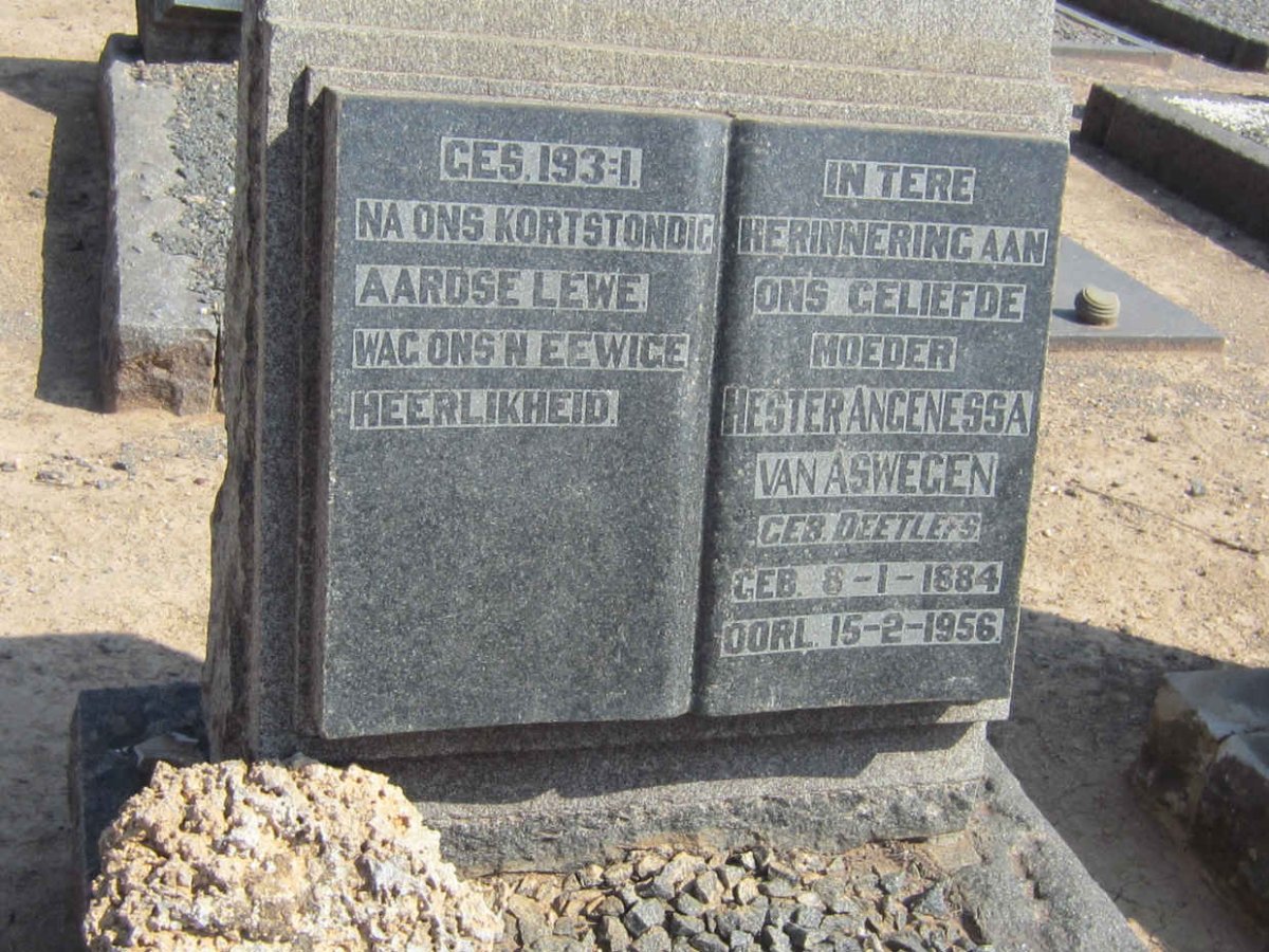 ASWEGEN Hester Angenessa, van nee DEETLEFS 1884-1956