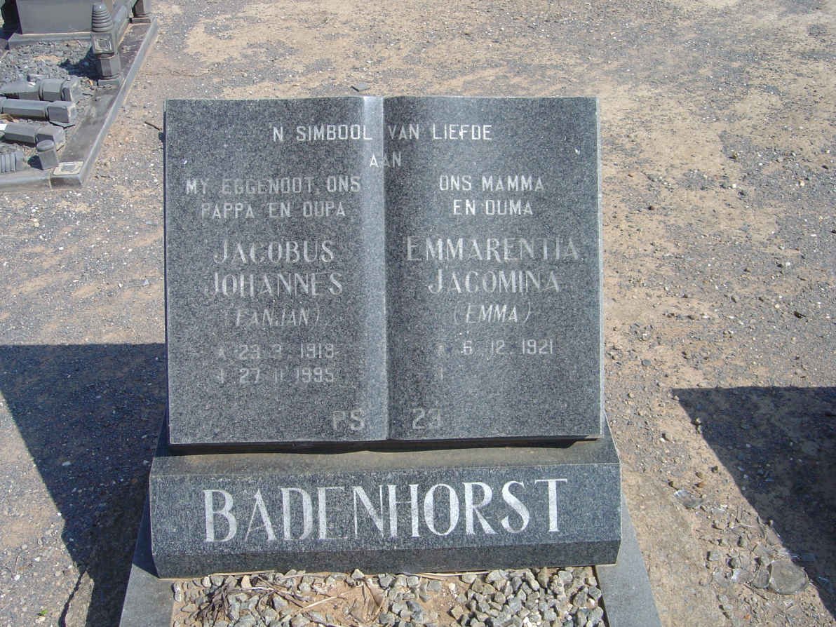 BADENHORST Jacobus Johannes 1919-1995 &amp; Emmarentia Jacomina 1921-