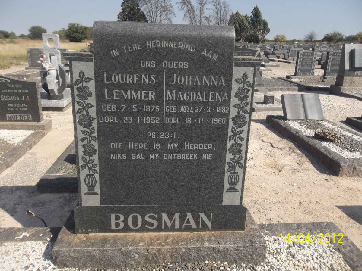 BOSMAN Lourens Lemmer 1875-1952 &amp; Johanna Magdalena NELL 1882-1960