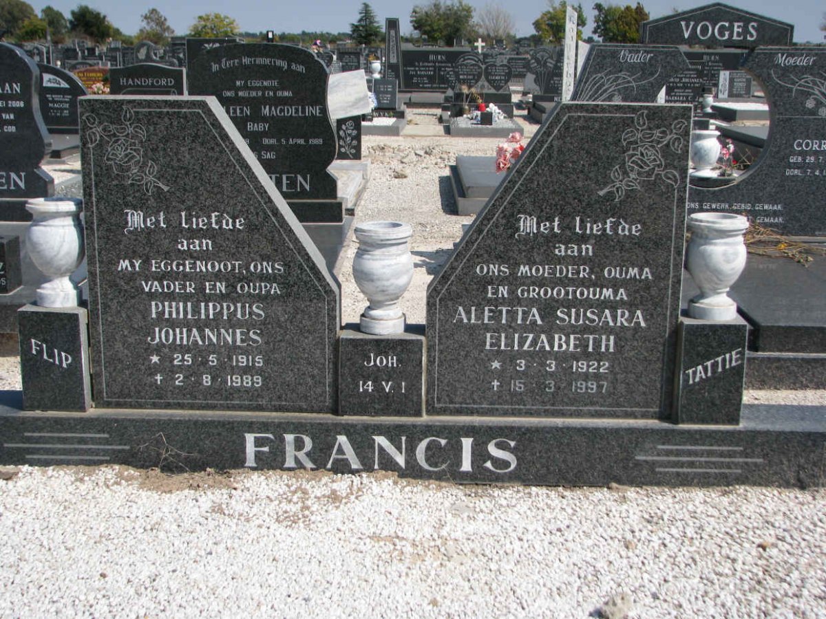 FRANCIS Philippus Johannes 1915-1989 &amp; Aletta Susara Elizabeth 1922-1997