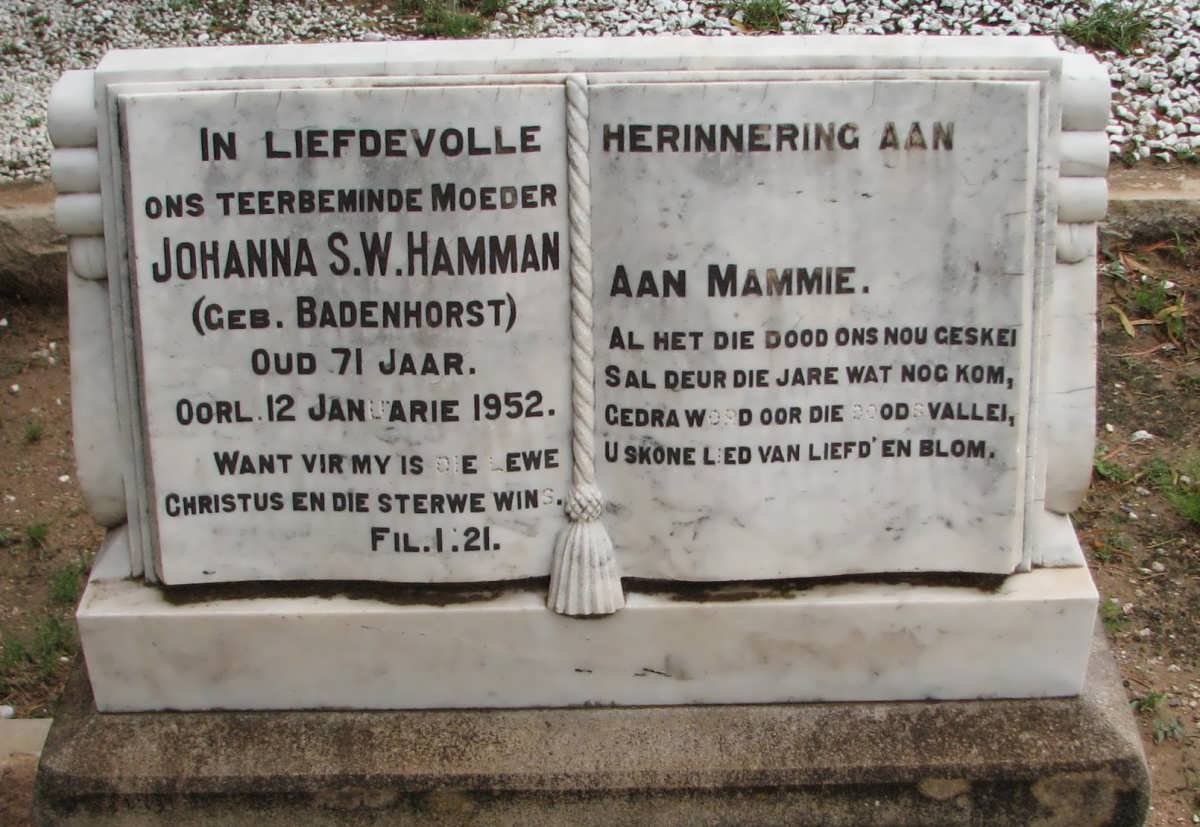 HAMMAN Johanna S.W. nee BADENHORST -1952