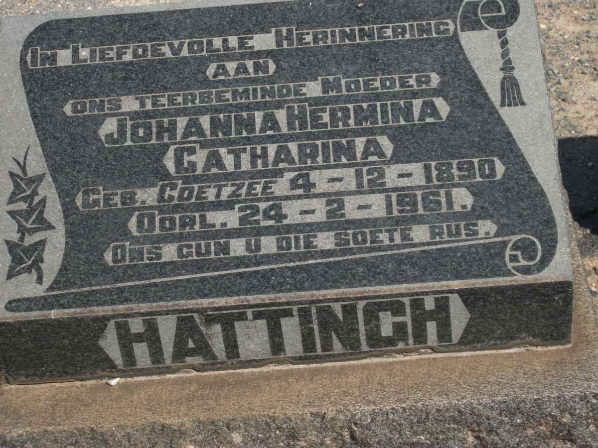 HATTINGH Johanna Hermina Catharina nee COETZEE 1890-1961