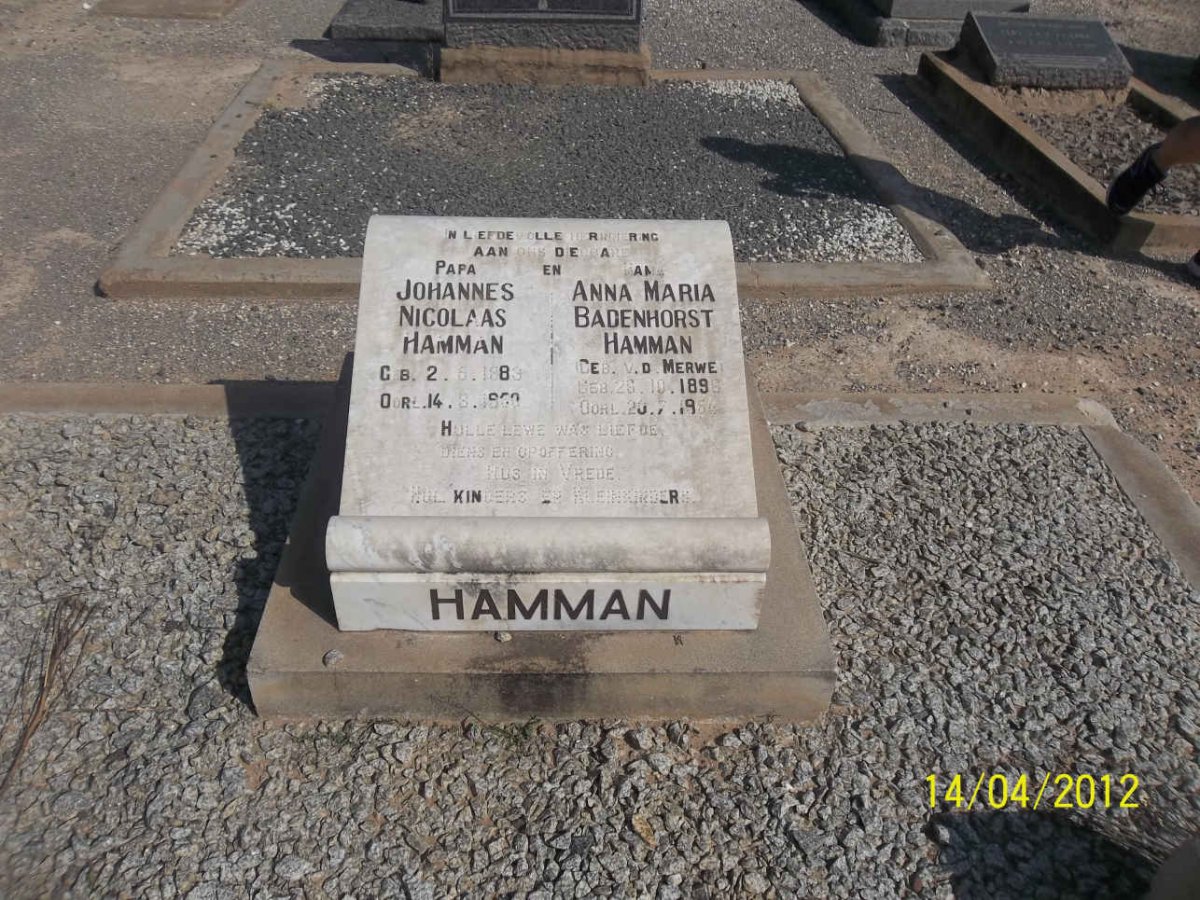 HAMMAN Johannes Nicolaas 1883-1950 &amp; Anna Maria Badenhorst VAN DER MERWE 1896-1954