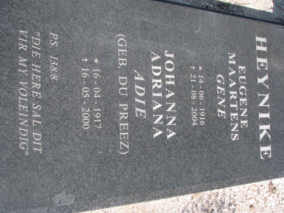 HEYNIKE Eugene Maartens 1916-2004 &amp; Johanna Adriana DU PREEZ 1917-2000
