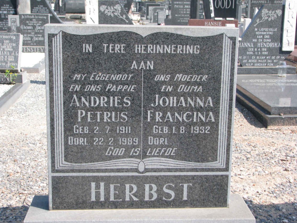 HERBST Andries Petrus 1911-1989 &amp; Johanna Francina 1932-