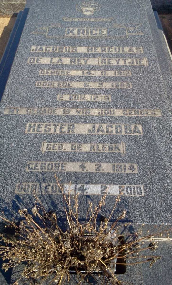 KRIGE Jacobus Herculas De La Rey 1912-1989 &amp; Hester Jacoba DE KLERK 1914-2010