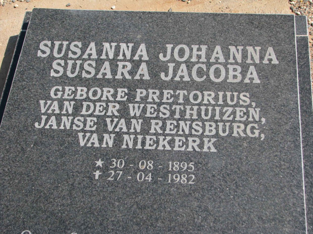 NIEKERK Susanna Johanna Susara Jacoba, van formerly VAN DER WESTHUIZEN formery JANSE VAN RENSBURG nee PRETORIUS 1895-1982