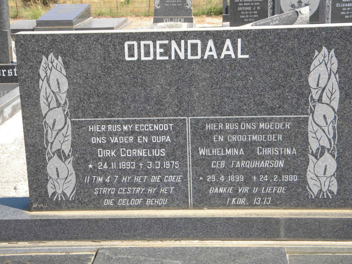 ODENDAAL Dirk Cornelius 1893-1975 &amp; Wilhelmina Christina FARQUHARSON 1899-1980