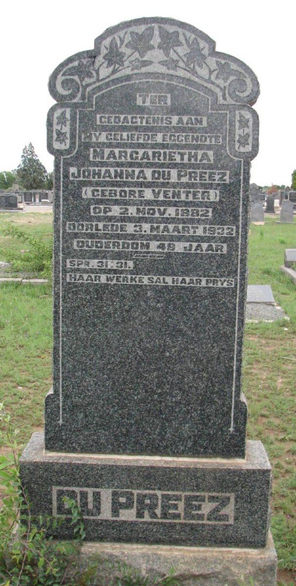 PREEZ Margarietha Johanna, du nee VENTER 1882-1932