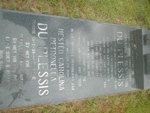 PLESSIS Johannes Benjamin, du 1933-1994 &amp; Hester Carolina Petronella 1934-