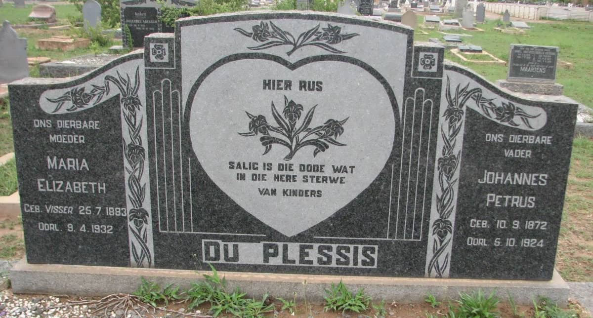 PLESSIS Johannes Petrus, du 1872-1924 &amp; Maria Elizabeth VISSER 1883-1932