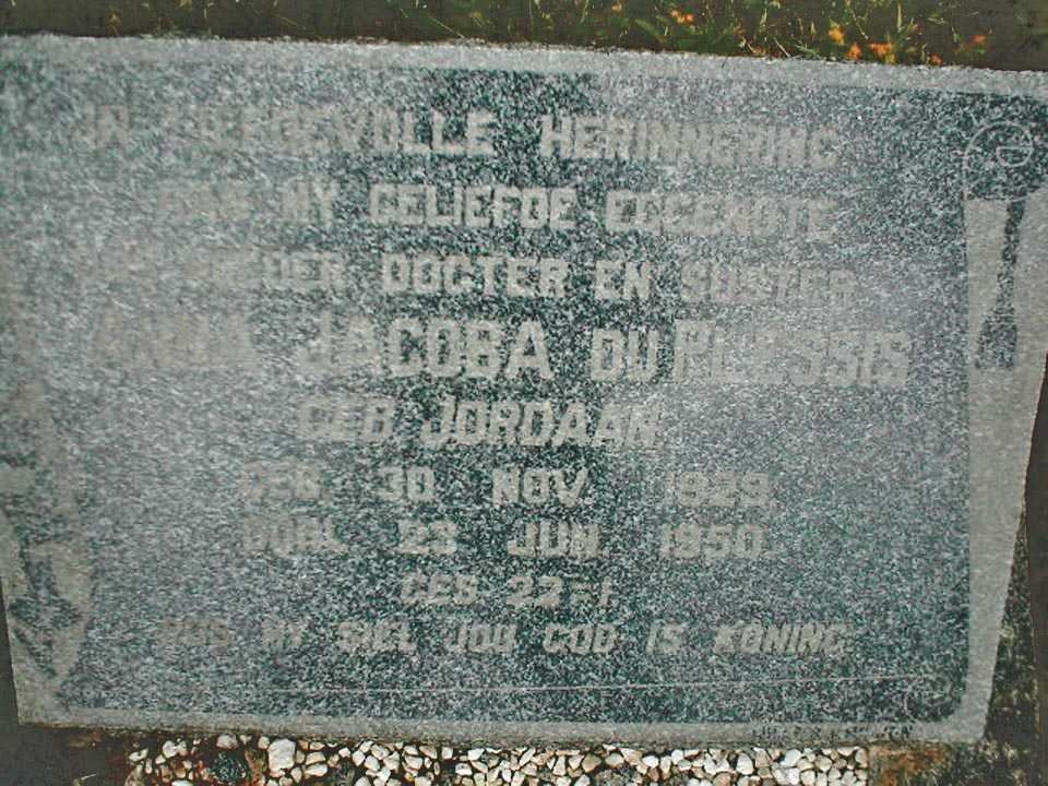PLESSIS Anna Jacoba, du nee JORDAAN 1929-1950