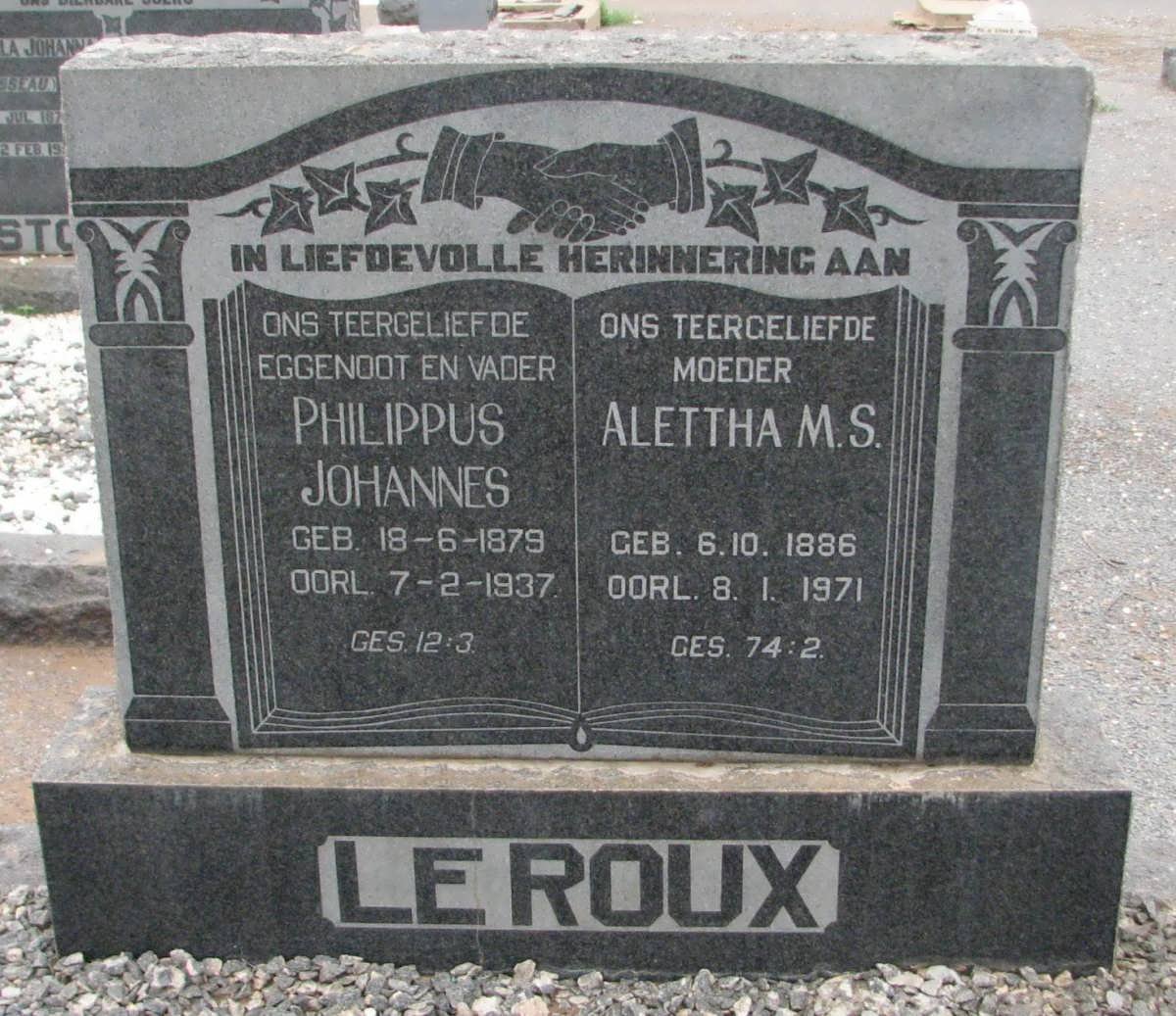 ROUX Philippus Johannes, le 1879-1937 &amp; Alettha M.S. 1886-1971