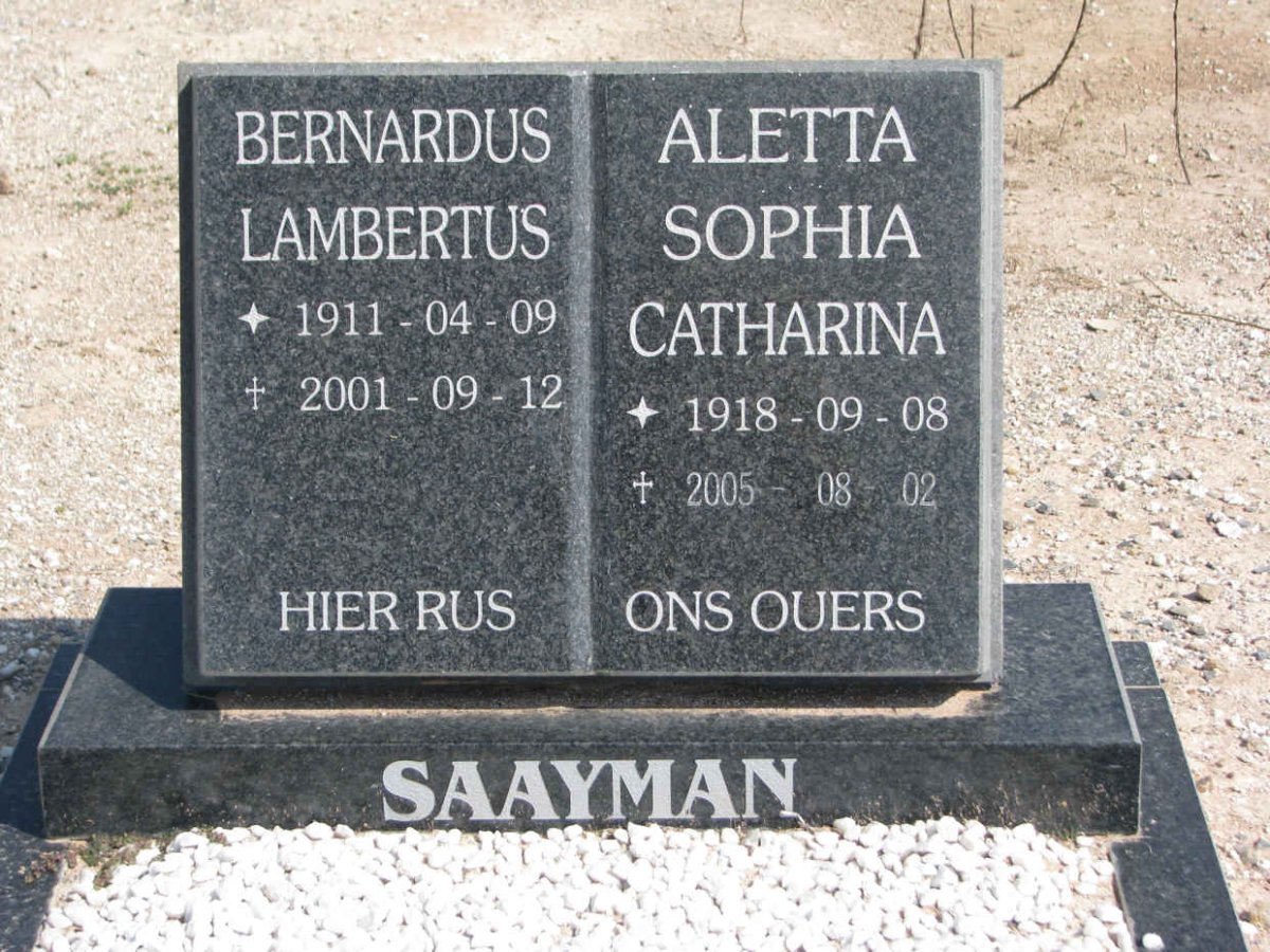 SAAYMAN Bernardus Lambertus 1911-2001 &amp; Aletta Sophia Catharina 1918-2005