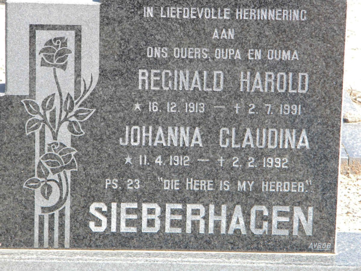 SIEBERHAGEN Reginald Harold 1913-1991 &amp; Johanna Claudina 1912-1992