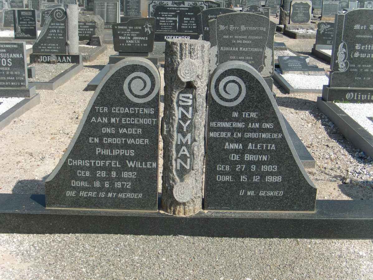 SNYMAN Philippus Christoffel Willem 1892-1972 &amp; Anna Aletta DE BRUYN 1903-1988