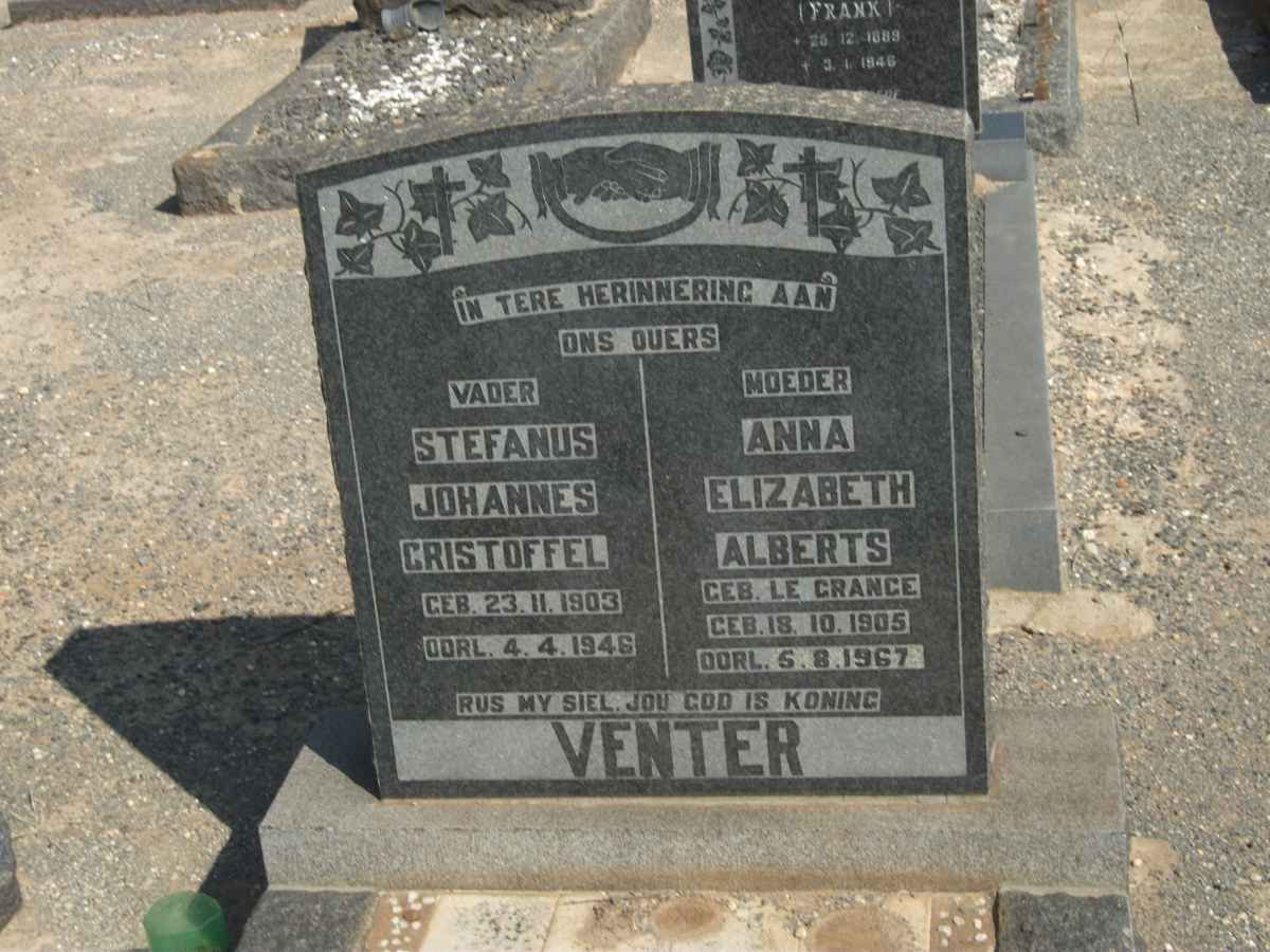 VENTER Stefanus Johannes Christoffel 1903-1946 &amp; Anna Elizabeth Alberts LE GRANGE 1905-1967