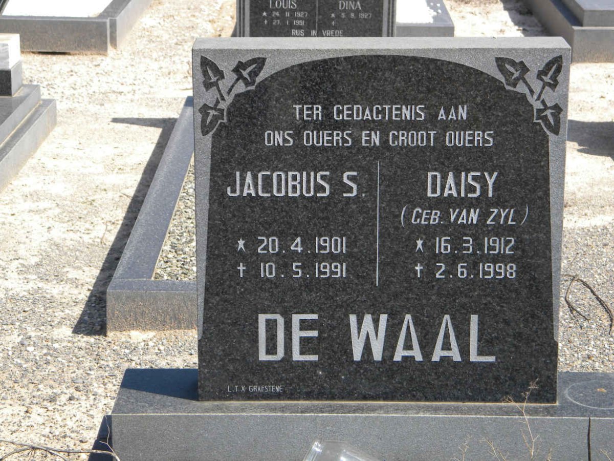 WAAL Jacobus S., de 1901-1991 &amp; Daisy VAN ZYL 1912-1998