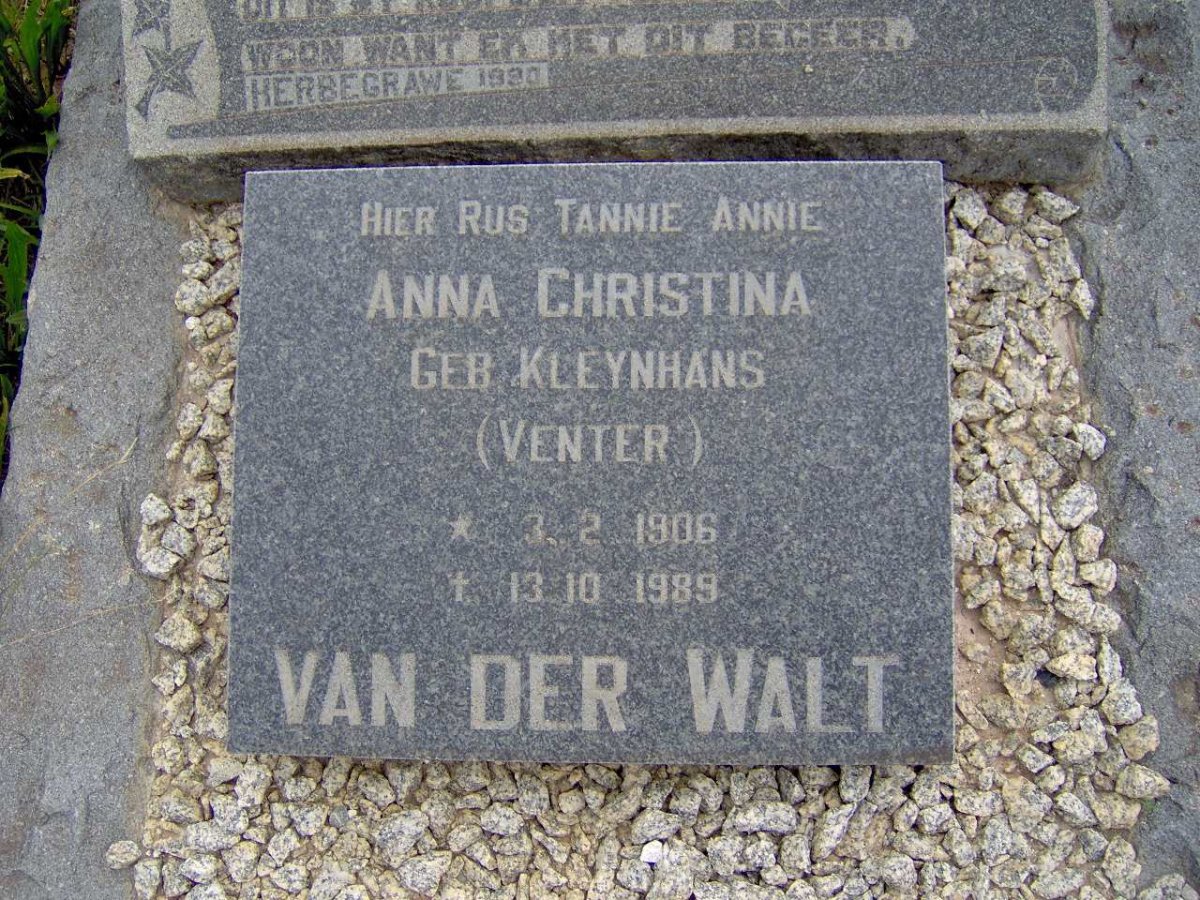 WALT Anna Christina, van der voorheen VENTER nee KLEYNHANS 1906-1989