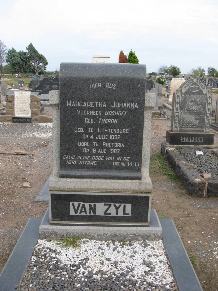 ZYL Margaretha Johanna, van formerly BOSHOFF nee THERON 1892-1967