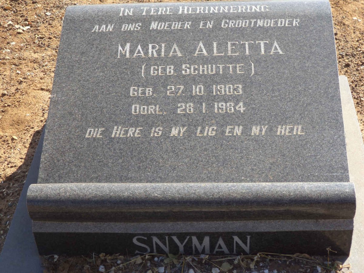 SNYMAN Maria Aletta nee SCHUTTE 1903-1984