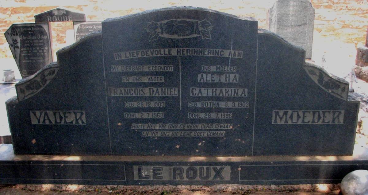 ROUX Francois Daniel, le 1903-1963 &amp; Aletha Catharina BOTHA 1903-1996