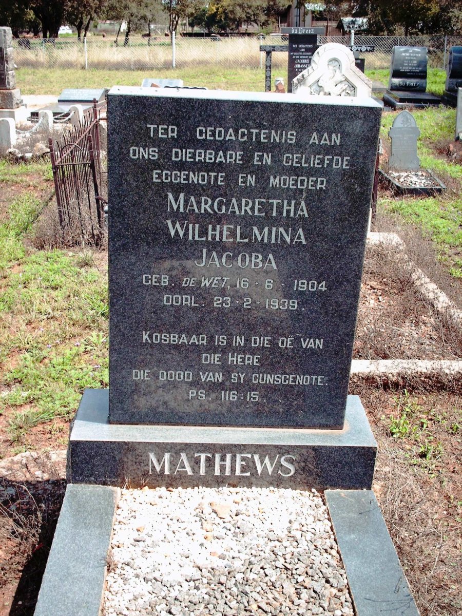 MATHEWS Margaretha Wilhelmina Jacoba nee DE WET 1904-1939