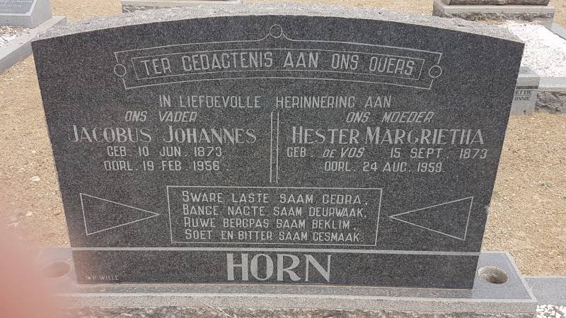 HORN Jacobus Johannes 1873-1956 &amp; Hester Margrietha DE VOS 1873-1959