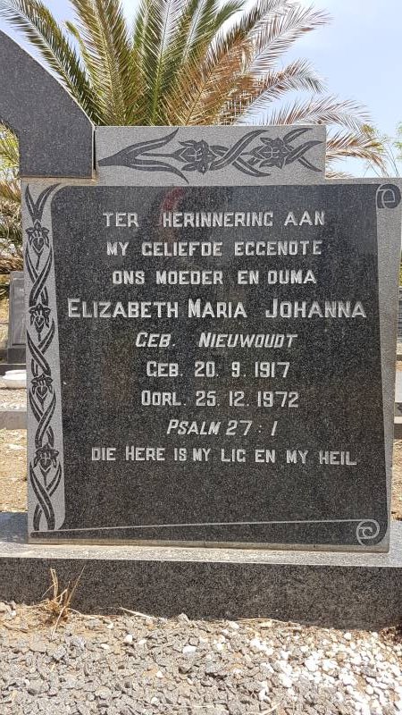 WESSELS Elizabeth Maria Johanna nee NIEUWOUDT 1917-1972
