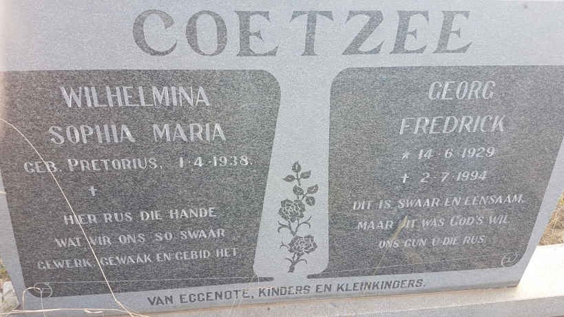 COETZEE Georg Fredrick 1929-1994 &amp; Wilhelmina Sophia Maria PRETORIUS 1938-