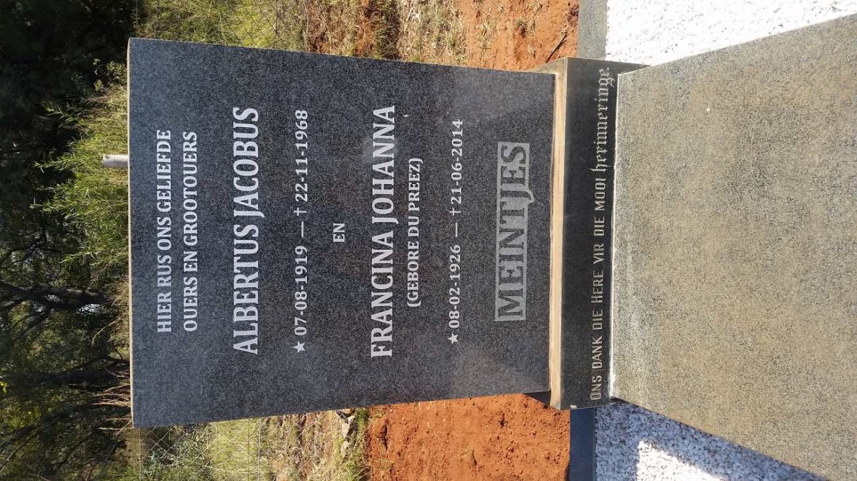 MEINTJES Albertus Jacobus 1919-1968 &amp; Francina Johanna DU PREEZ 1926-2014