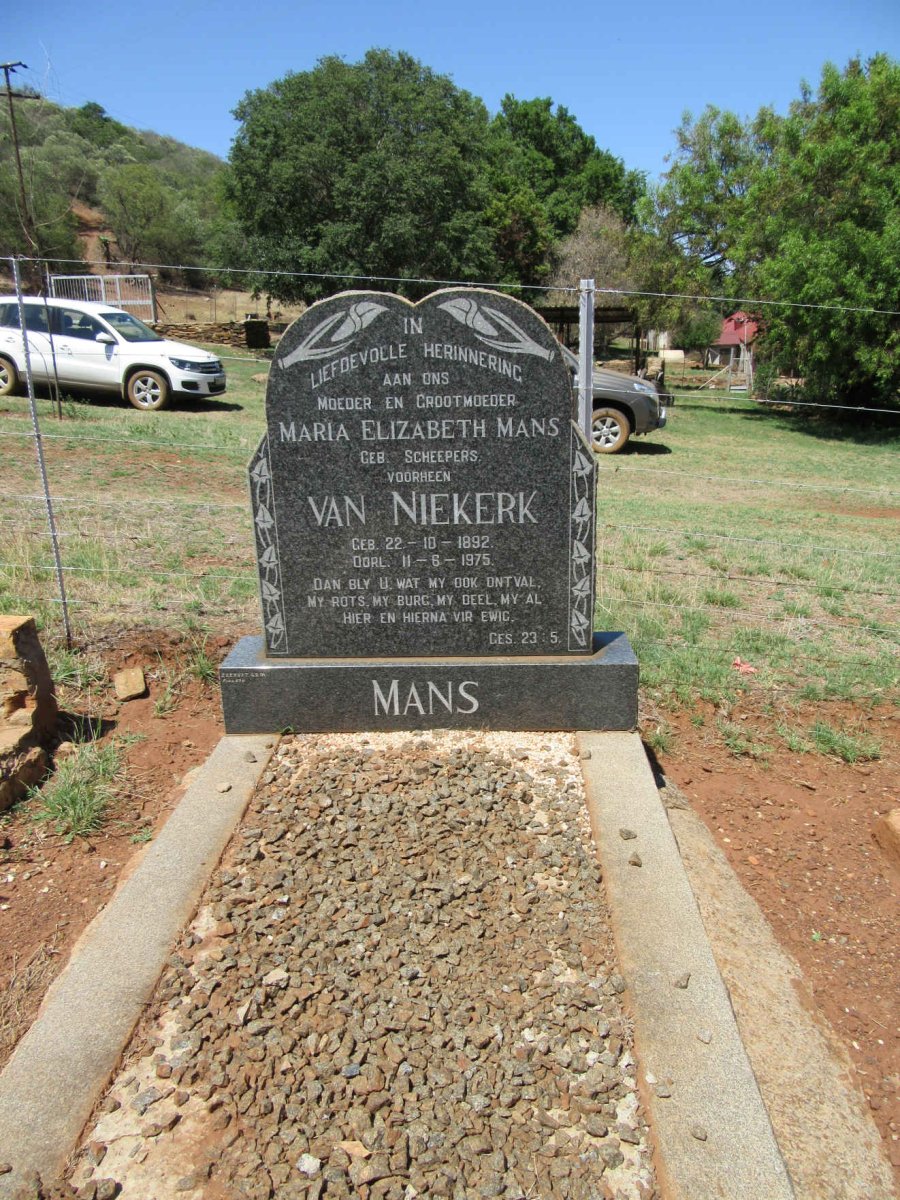 MANS Maria Elizabeth formerly VAN NIEKERK nee SCHEEPERS 1892-1975