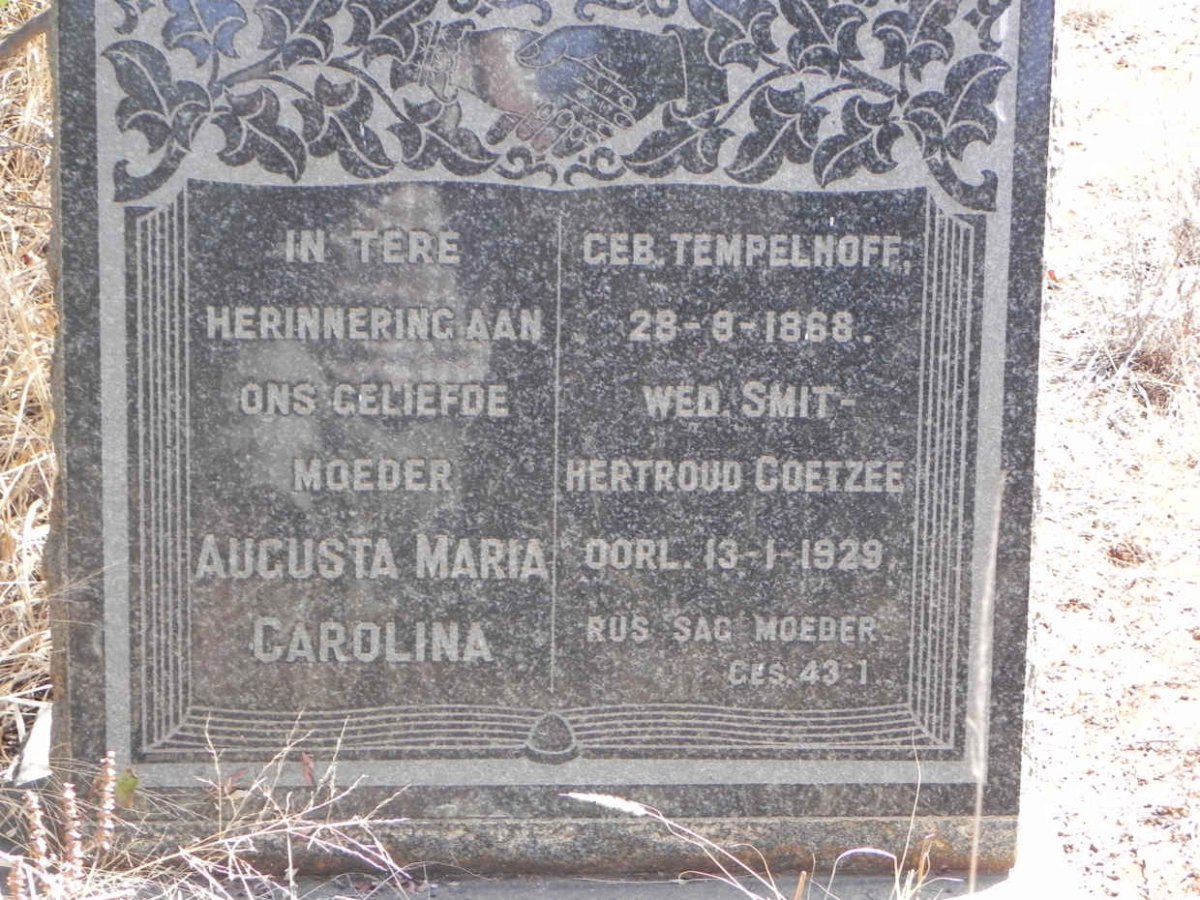 COETZEE Augusta Maria Carolina previously SMIT nee TEMPELHOFF 1868-1929