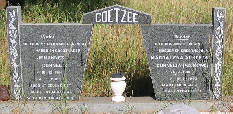 COETZEE Johannes Cornelis 1914-1989 &amp; Magdalena Alberta Cornelia V.D. MERWE 1918-1993
